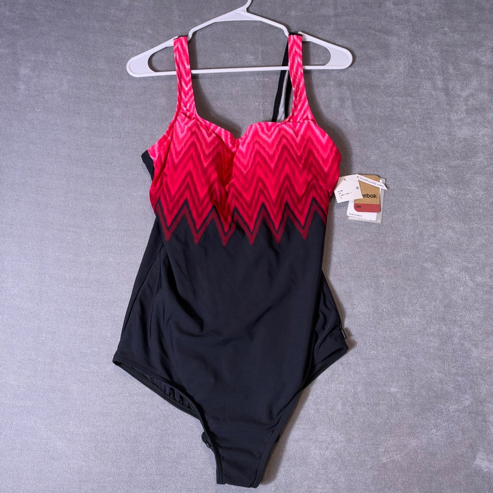 Reebok Womens Tummy Control One Piece Swimsuit Coral Black Chevron Size 18 NWT